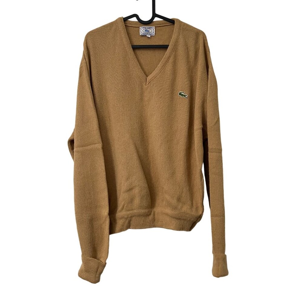 Vintage Izod Lacoste Tan Logo Vneck Long Sleeve Pullover Sweater Mens Size L